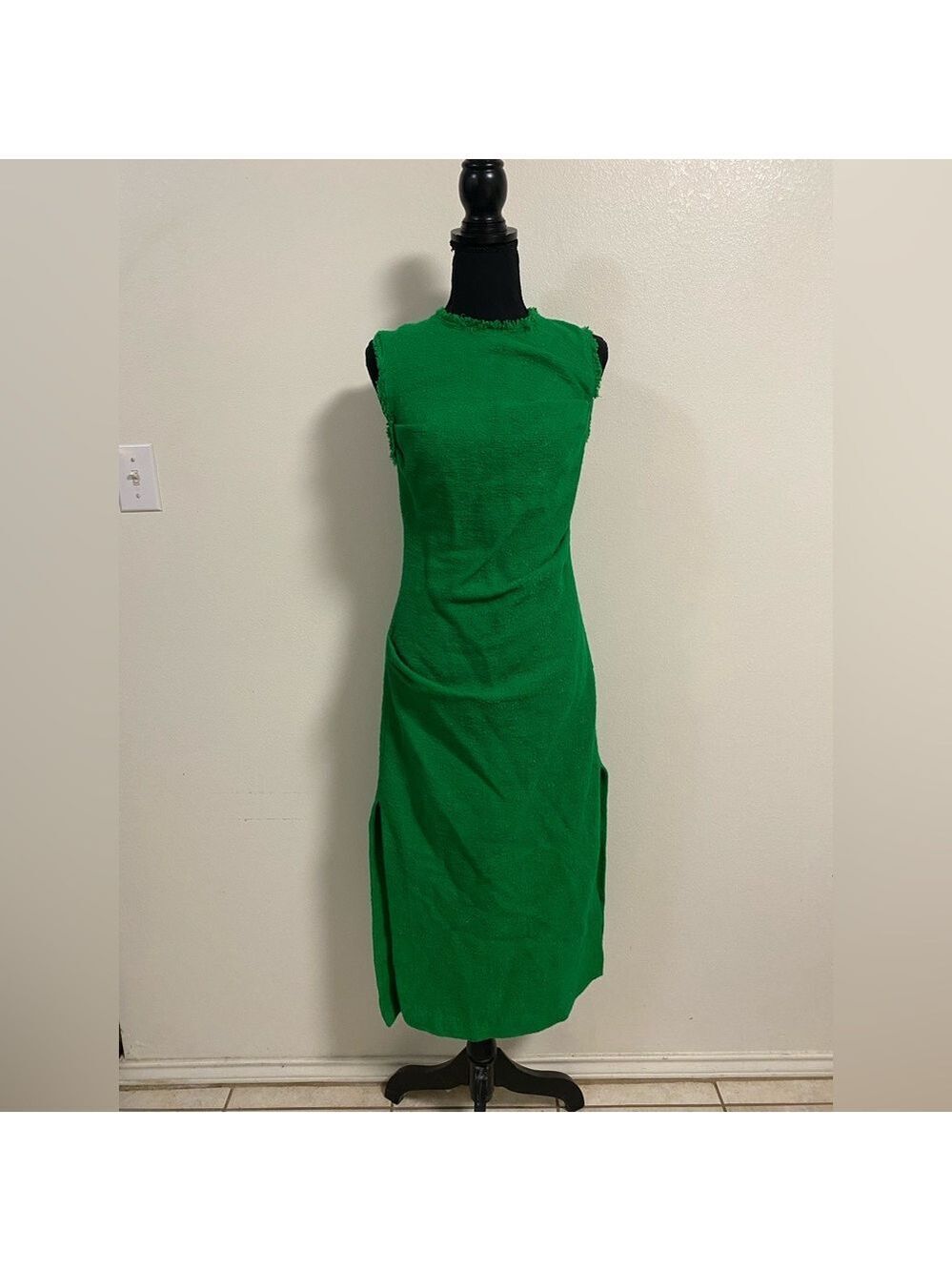 Zara Dress Women Size Small Green Tweed Sleeveless Midi Dress Blogger Favorite